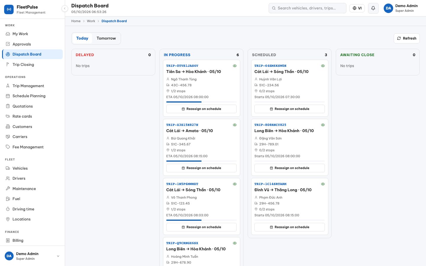 FleetPulse dispatch board: delayed, in progress, scheduled and awaiting close