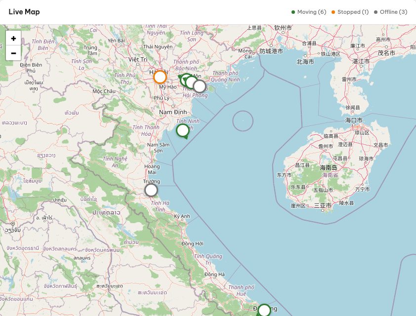 FleetPulse live map with truck positions in northern Vietnam