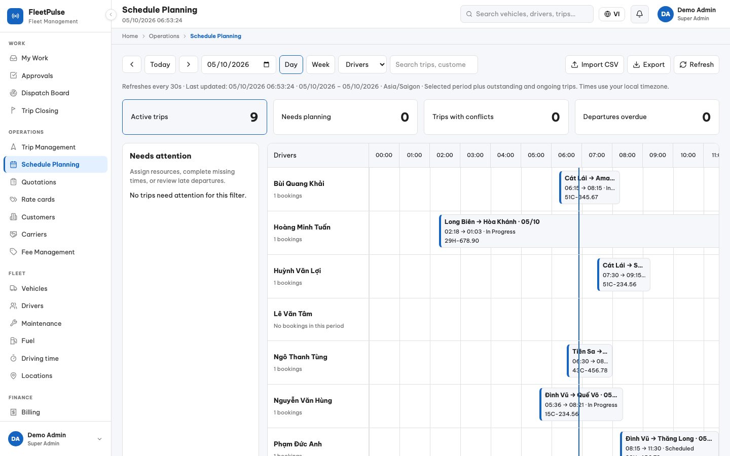 FleetPulse schedule planning: the day's trips by driver